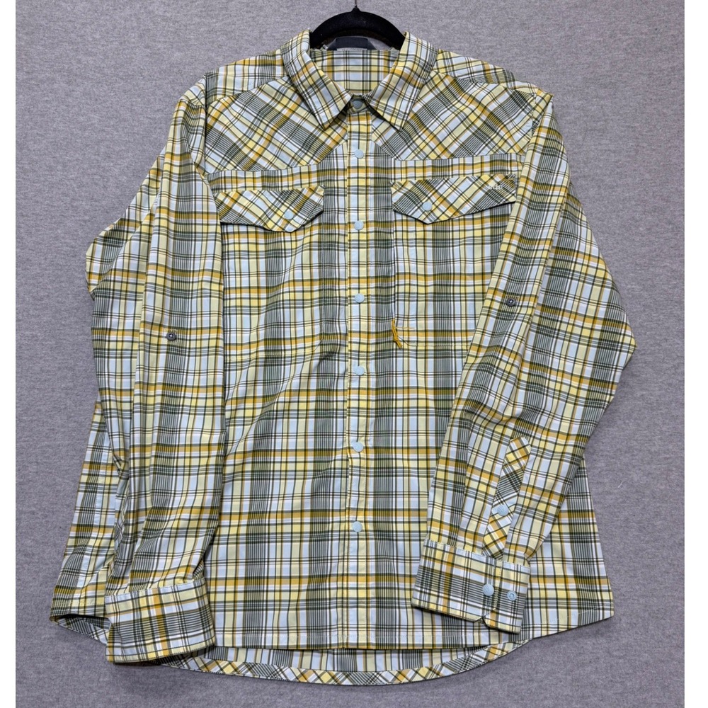Stio Eddy Drift Shirt Mens XL Yellow Green Plaid Western Snap UPF 50+ LS